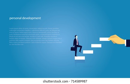 Vector illustration. Personal development concept. Future success. first step. Businessman start climbing stair for successful career achievement, development growth progress vision future