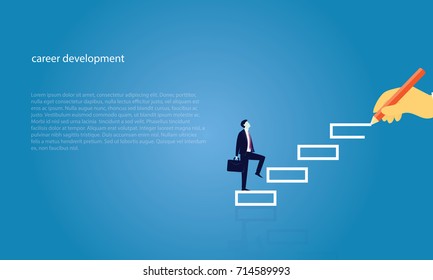 Vector illustration. Personal development concept. Future success. first step. Businessman start climbing stair for successful career achievement, development growth progress vision future