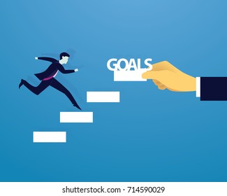 Vector illustration. Personal development concept. Future success. first step. Businessman start climbing stair for successful career achievement, development growth progress vision future