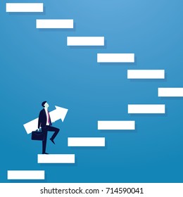 Vector illustration. Personal development concept. Future success. first step. Businessman start climbing stair for successful career achievement, development growth progress vision future