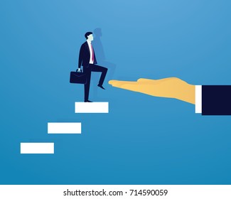 Vector illustration. Personal development concept. Future success. first step. Businessman start climbing stair for successful career achievement, development growth progress vision future