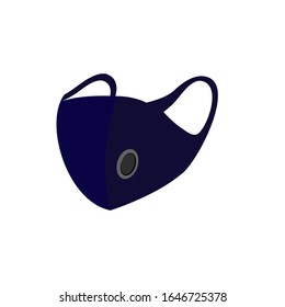 Vektorillustration-Illustration von Staub oder Gesichtsmaske. Industrieller Stil der Schutzmaske in dunkelblau mit Atemfilter einzeln auf Weiß mit Platz für Runaround oder Wickeltext 