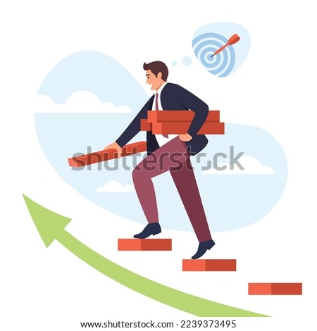 Vector illustration of personal growth. Cartoon scene with a guy who paves his career ladder on his own and strives for the goal on white background.