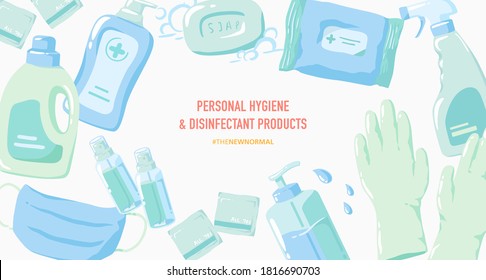 Vector illustration of personal hygiene and disinfectant products banner.  