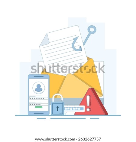 Vector illustration of Personal Information Theft, Fishing Hook Email, Cyber ​​Security Breach, Email Service Targeted by Cyber ​​Attack. Password Hacking. Online Security. Flat design illustration.