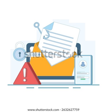 Vector illustration of Personal Information Theft, Fishing Hook Email, Cyber ​​Security Breach, Email Service Targeted by Cyber ​​Attack. Password Hacking. Online Security. Flat design illustration.