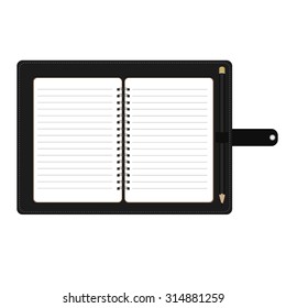 Vector illustration of personal organizer, diary or notebook. Opened organizer in black leather cover with pencil. Notebook with spiral and blank lined paper