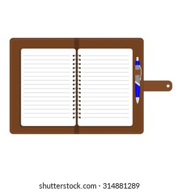 Vector illustration of personal organizer, diary or notebook. Opened organizer in brown leather cover  with pen. Notebook with spiral and blank lined paper