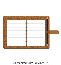 Vector illustration of personal organizer, diary or notebook. Opened organizer in brown leather cover  with pencil. Notebook with spiral and blank lined paper