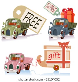 Vector illustration, personified banner cars, card concept, white background.