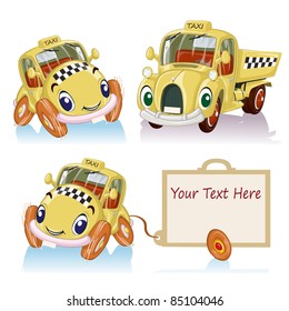 Vector illustration, personified banner taxi, cartoon concept, white background.