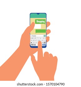 Vector illustration of a person's hand holding a cellphone. Symbol of people playing telephone
