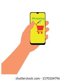 Vector illustration of a person's hand holding a cellphone. Symbol of people playing telephone
