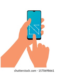 Vector illustration of a person's hand holding a cellphone. Symbol of people playing telephone