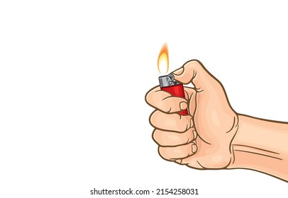 Vector illustration of person's hand holding red plastic gas chamber lighter,lighter igniting sparks,burning gas lighters,on white.Behavior that may cause fire in house,Do not be careless,Fire safety.