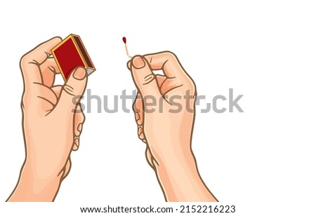 Vector illustration of person's hand holding broken matchstick,hitting or rubbing violently at matchbox,wooden little matches with red head,isolated on white.Behavior that may cause fire, fire safety.