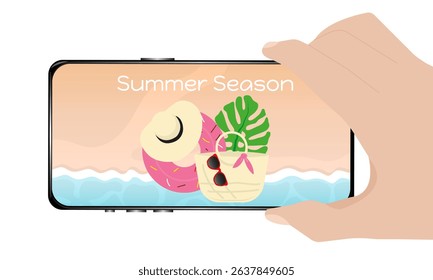 Vector illustration, a person's hand holds a smartphone, on the screen of which is depicted a suitcase, a straw hat, a beach bag, a donut, circle, glasses, red, a tropical leaf, a coast, water, sea