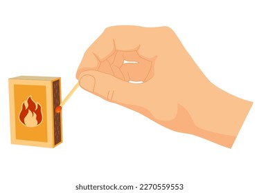 Ilustración vectorial de la mano de una persona ilumina un fósforo usando una caja de cerillas, golpeando, frotando un fósforo, aislado en blanco. No seas descuidado, seguridad contra incendios. Concepto de iluminación. Ilustración del vector