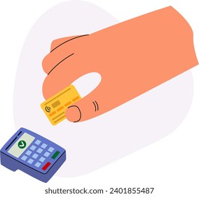 Vector illustration of a person's hand paying with a credit or debit card on a contactless terminal. Digital transaction and wireless transmission concept. 