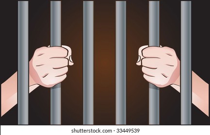 Vector Illustration Of Person's Hands On Cage Bars