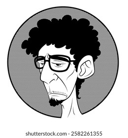 a vector illustration of a person's head with curly hair, a beard, and a visible ear, all within a circular background