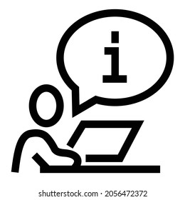 Vector illustration of a person's icon who is thinking about how to use a laptop or a guide. Monoline drawing style. Black and white color.