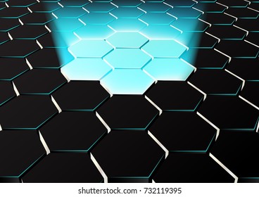 Vector illustration of Perspective hexagonal background with blue lights