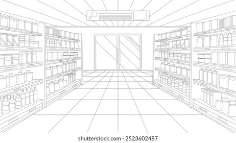 Vector illustration of a perspective sketch of modern empty supermarket interior with organized shelves and clear aisles. Represents retail space, shopping, or store layout in commercial environments.