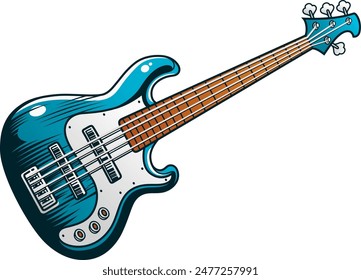 Vector illustration. Perspective view of blue 4 strings electric bass guitar