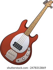 Vector illustration. Perspective view of red 4 string electric bass guitar