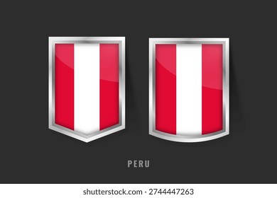 Vector illustration of Peru flag on 3D metallic shields. Red and white vertical triband representing peace, valor, and sacrifice. National symbol of Peruvian heritage and independence