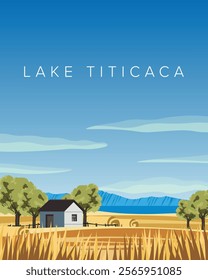 Vector illustration. Peru Lake Titicaca, travel poster, banner, cover, postcard. Modern design.