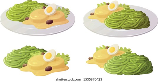 Vector illustration of the Peruvian dish Tallarines verdes with papa a la Huancaina.