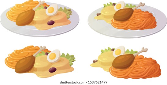 Vector illustration of the Peruvian dish tallarines rojos con papa a la huancaina with and without a plate.