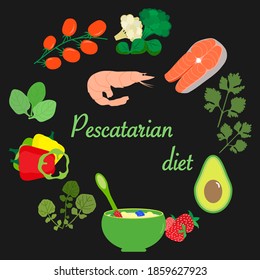 Vector illustration Pescatarian diet Organic Meal planning Vegetarian diet food Healthy lifestyle proper nutrition Vegetarianism, vegan diet, meat abstaining, eco friendly. Weight loss. Design for web