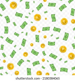 Vector illustration of Peso currency. Random pattern of banknotes and coins in green and gold colors on transparent background (PNG). 
