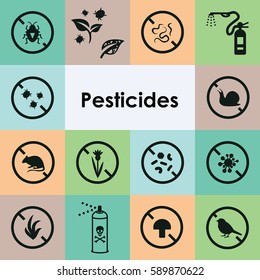 vector illustration of pesticides icons for plant protection from weeds fungi or insects in agriculture