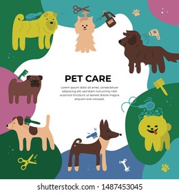Vector illustration of pet care salon,tools, styling, washing, grooming, cute home animals. Design template with different breeds of dogs for banner, poster, placard,print, flyer, advert, background  