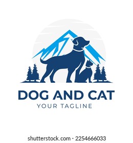 Vector Illustration of pet dog and cat and landscape background of mountains, lakes, pine trees, cypresses. Can be used as a pet shop