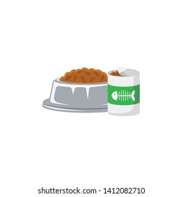 Vector illustration. Pet food. Bowl with food. Bank with food. Goods for pet store, pet food, the concept of an advertising logo.