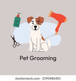 Vector illustration of pet grooming. Adorable Jack Russell Terrier sits with grooming tools like scissors, shampoo, and a hairdryer. Minimalist style, ideal for pet salons. Vector illustration