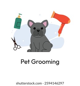 Vector illustration of pet grooming. Cute French Bulldog sits with grooming tools like scissors, shampoo, and a hairdryer. Clean, modern design, ideal for pet care services. Vector illustration