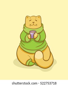 Vector illustration of pet isolated on background. Orange ?at in pullover and socks with cup. Cute domestic animal in cartoon flat style for winter postcard design. Funny illustration of human friend.