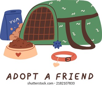 Vector Illustration For Pet Shelter Icon, Sticker, Label Or Greeting Card Decoration. Adopt A Friend. Animal Care, Adoption Concept. Help Homeless Animals Find Home. Pet Collar, Carrier, Food Bowl.