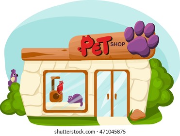 vector illustration of pet shop with animals - parrot, cat. facade of building