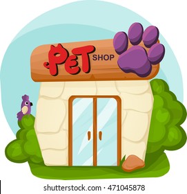vector illustration of pet shop with animals - parrot, cat. facade of building