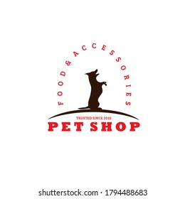 Ilustración vectorial del logotipo de la tienda de mascotas con silueta de perro de pie y texto decorativo o tipografía aislados en fondo blanco perfecto para el logotipo de la tienda de mascotas que proporcionan alimentos y accesorios