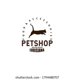 Vector illustration of pet shop logo with cat silhouette and decorative text or typography isolated on white background perfect for pet shop logo which provide food and accessories