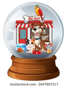 Vector illustration of a pet shop scene inside a snow globe, featuring vibrant colors and playful animals