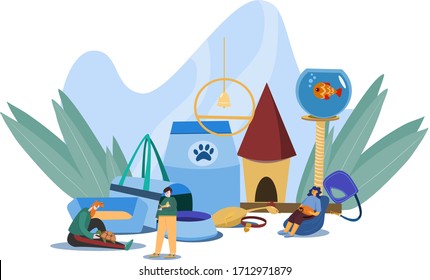 Vector illustration for a pet store. Concept with owners of animals, accessories, and pet products.